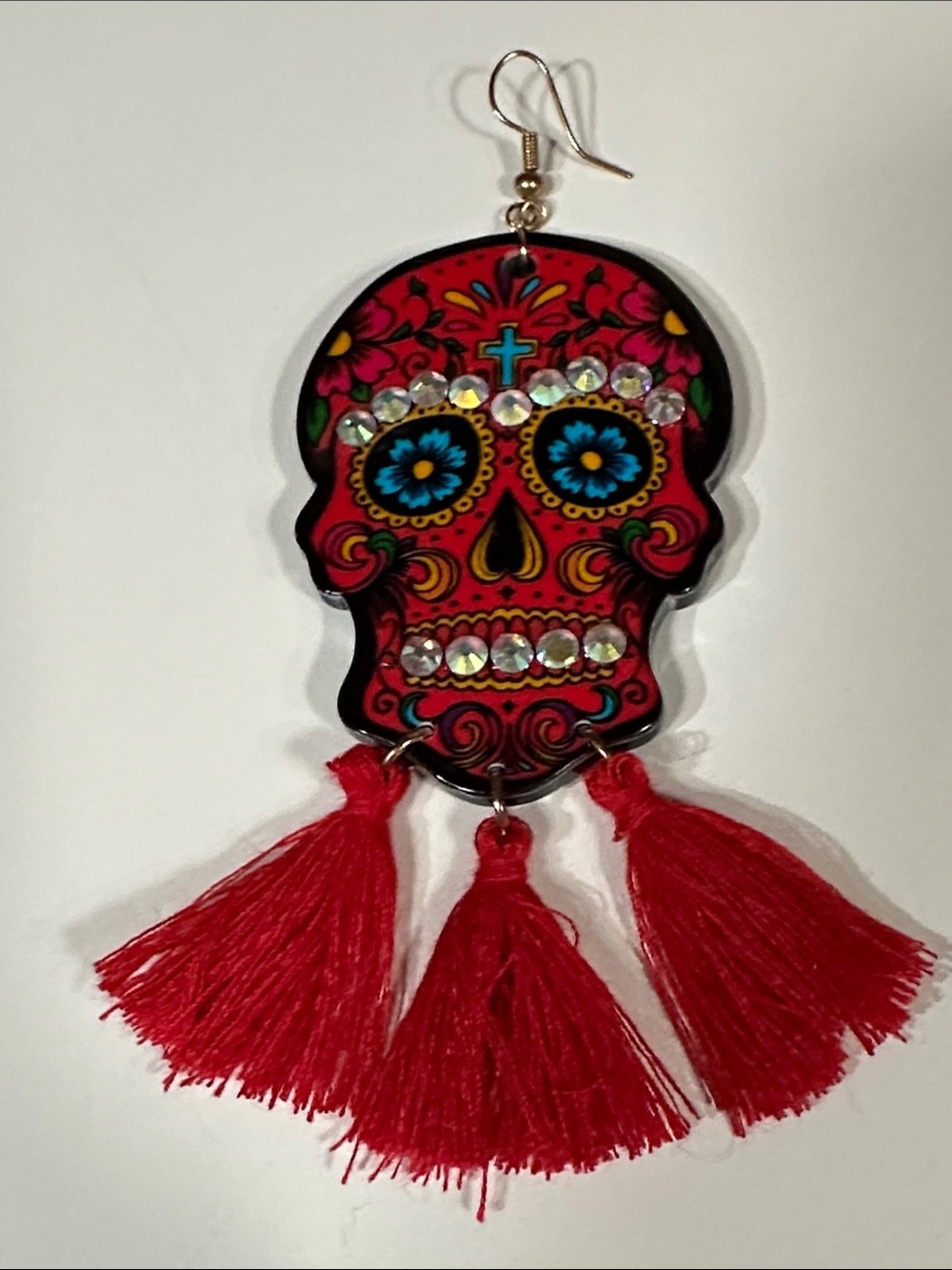 Red Sugar Skull Tassel Earrings